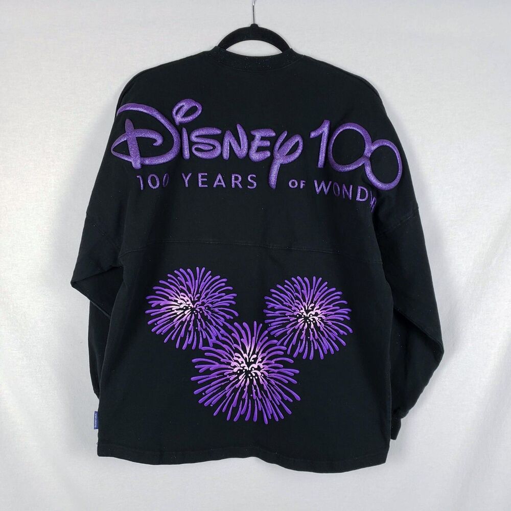 Disney Spirit Jersey 100 Year Anniversary Top Womens M Black Fireworks Glitter